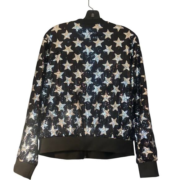 Say What? Bomber Jacket Sequin Silver Stars Embellished Full Zip L Sparkly NEW - Picture 4 of 12